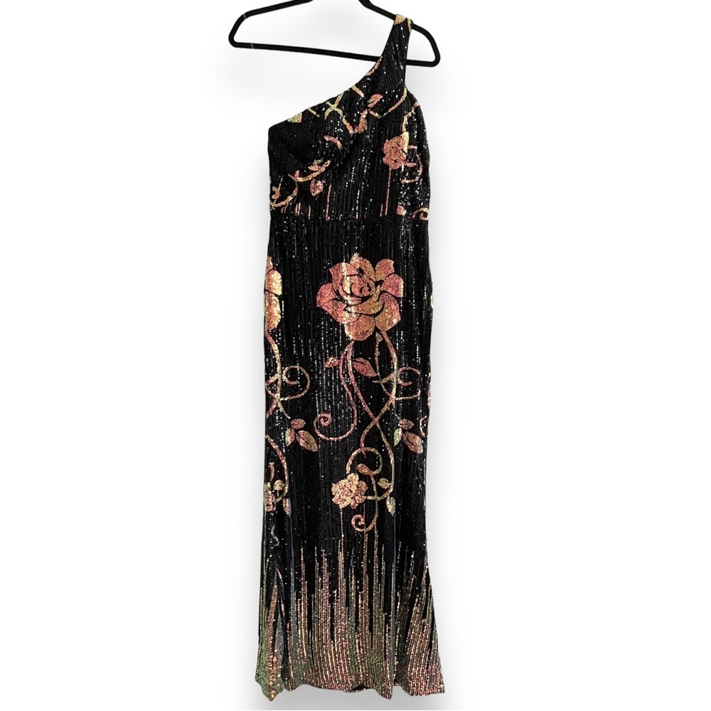 NWT AMAZON Giffniseti Black Full Sequin Maxi Length One Shoulder Formal Gown